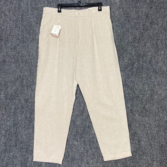 Porter & Ash Linen Blend Mens 34 Regular Fit Washable Pleated Pants Beige NWT - Picture 1 of 13